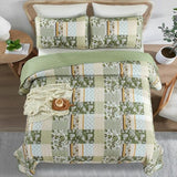WONGS BEDDING Quilt Set Queen Size Green, 3 Pieces Patchwork Plaid Bedspread Coverlet Set, Floral Soft Microfiber Bedding Set for All Season(96"×90“) WONGS BEDDING