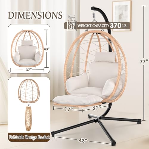 Slendor Egg Chair with Stand & Leg Rest, Rattan Wicker Swing Chair with UV Resistant Cushion and Pillow, for Indoor Outdoor Bedroom Patio Hanging Basket Chair 370lbs Capacity