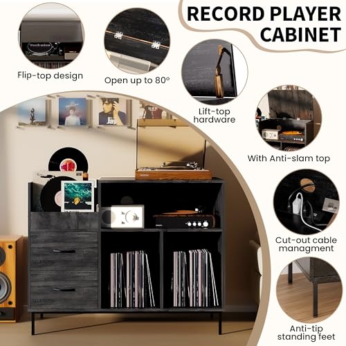 BIZOEIRON Record Player Stand with Flip-Top & Drawers, Vinyl Storage Cabinet with Outlet, Wood Media Console Table for Vinyl Records Storage, Assembly Required, Black BIZOEIRON