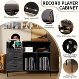 BIZOEIRON Record Player Stand with Flip-Top & Drawers, Vinyl Storage Cabinet with Outlet, Wood Media Console Table for Vinyl Records Storage, Assembly Required, Black BIZOEIRON