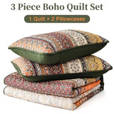 WONGS BEDDING Boho King Quilt Set, Green and Orange Bohemian Quilt Bedding Set, Fall Lightweight Bed Decor Bedspread for All Season Reversible Microfiber Coverlet Bedding Set 103"x90"(3 Pieces) WONGS BEDDING