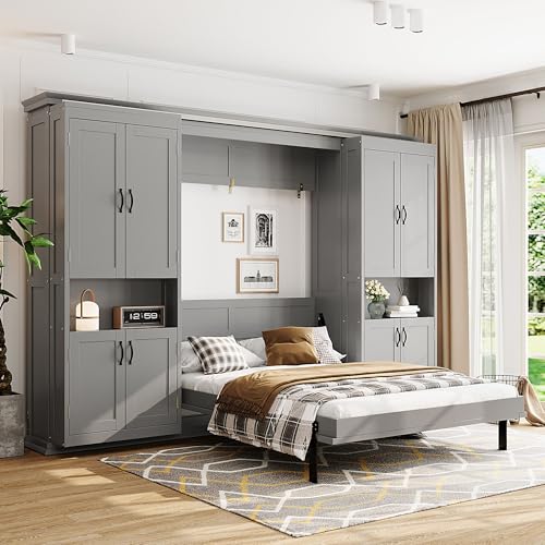 XD Designs Modern Full Murphy Bed with Dual Sliding Doors Storage Cabinets, Wood Hidden Wall Bed with Dual 6-Tier Side Shelves, Large-Capacity Space-Saving (Gray-12.9) XD Designs