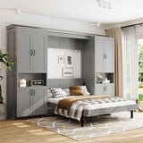 XD Designs Modern Full Murphy Bed with Dual Sliding Doors Storage Cabinets, Wood Hidden Wall Bed with Dual 6-Tier Side Shelves, Large-Capacity Space-Saving (Gray-12.9) XD Designs