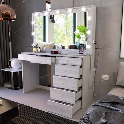 Boahaus Isolde Large Greige Makeup Vanity Desk with Lights, 7 Drawers, USB and Power Outlet, Large Top, Vanity Mirror with Lights Built-in, Farmhouse, Crystal Knobs, 58.2'' H x 47.2'' W x 17.7'' D Boahaus