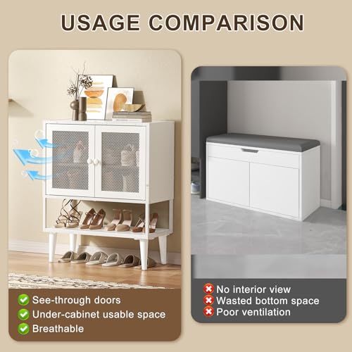 Shoe Storage Cabinet with Visible Mesh Doors for Entryway, Small Shoe Organizer Holds 12-16 Pairs of Shoes up to 11.8"L, Freestanding Wooden Shoe Rack with Front Door for Hallway, Living Room (White) Lyuwanxian