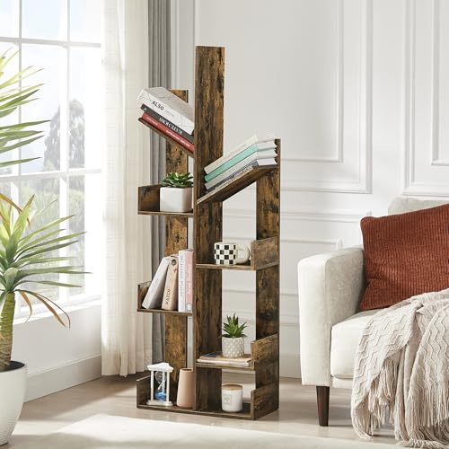 VECELO 8 Shelf Tree Bookcase,Wooden Tree Bookshelf Display with 8 Storage Shelves, Tree-Shaped Shelf Organizer for Books,CDs and Decors in LivingRoom Bedroom Studyroom Home Office,Rustic Brown VECELO