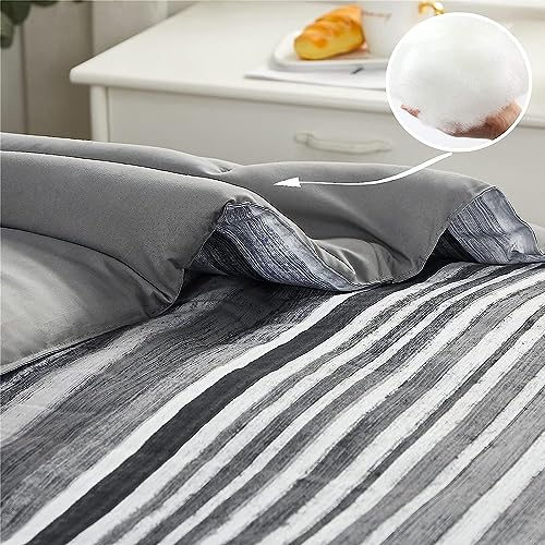 KAKIJUMN 5 Piece Bed in a Bag Stripe Comforter Set Twin Size, White Grey Black Patchwork Striped Comforter and Sheet Set, All Season Soft Microfiber Complete Bedding Sets(Grey,Twin) KAKIJUMN