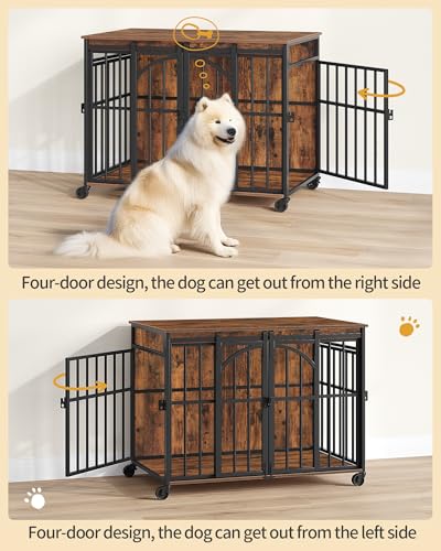 Hzuaneri 37.4" Dog Crate Furniture with Wheels, Wooden Pet Cage Indoor with Barn Door, L Dog Kennel Heavy Duty, Decorative Pet Crate for Small/Medium Dogs, End Table TV Stand, Rustic Brown DFC86201B Hzuaneri