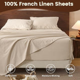 Overket 100% Linen Sheet Set Queen Size Extra Deep Pocket Fits 18-24 Inch Mattress, Breathable & Soft, Smooth 4-Piece Set for Thick Mattresses Hotel Luxury Bedding（Queen, Linen） Overket
