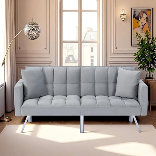 78" Modern Sofa Bed Futon,Convertible Sleeper Bed Couch with 4 Reclining Backrest,Comfy Velvet Cloud Sofa Loveseat for Living Room Bedroom Office (Grey) Anwick