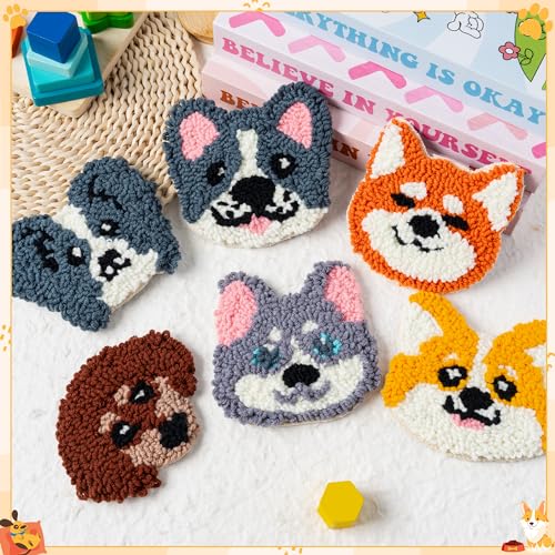 WATINC Puppy Punch Needle Coaster Kit - 6 Patterns Dog Punch Needle Embroidery Craft Kit, DIY Felting Coaster for Adults Beginners with Adhesive Yarns Fabric Felt Hoop Tools Instruction