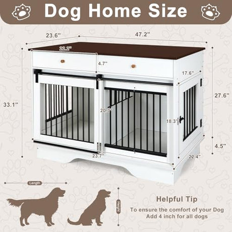 Dog Crate Furniture for 2 Dogs, Dog Kennel with 2 Storage Drawers & Divider, Large Double Dog Cage As TV Stand, Furniture Style Dog Crates with Sliding Barn Door (Brown & White) OUTDOOR DIAMOND