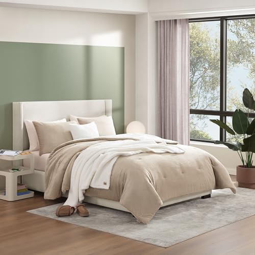 UGG Remina Comforter Set 5 Piece Bed in a Bag with Throw Blanket, Decorative Pillow, Shams, and Reversible Comforter Hypoallergenic Washable Luxury Warm Fluffy Bedding Set, Full/Queen, Brown Birch UGG