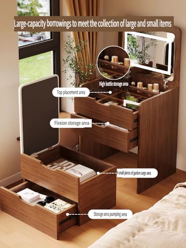 Videvik 3 in 1 Vanity Desk with Plip Top Mirror and Lights, 18.9" Small Make Up Vanity Set with Visible Glass Desktop,Compact Makeup Vanity with 3 Drawers,Dressing Table for Bedroom,Walnut Videvik