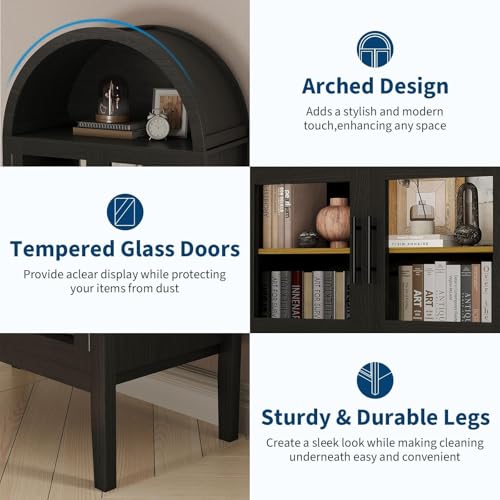 IDEALHOUSE 70" Arched Pantry Cabinet with LED Lights & Glass Doors, Modern MDF Freestanding Kitchen Storage Cabinet with Open Shelf, Cupboard for Dining Room, Living Room IDEALHOUSE