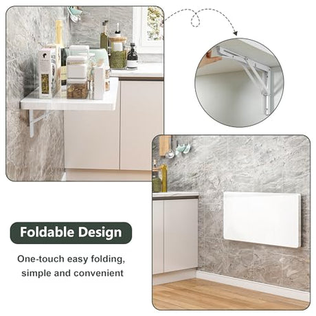 Clikuutory Wall Mounted High Gloss Folding Table, Wall Desk Fold Down for Small Spaces, Folding Workbench for Laundry Room, Home Office, Kitchen, Bedroom, Home Bar, White (31.5"×15.7") Clikuutory
