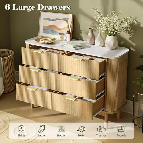 Pamapic Fluted Sideboard Buffet Cabinet, 47" Storage Cabinet with Curved Profile Design & Faux Marble Top, Modern Credenza with 6 Drawers, Wood Buffet Console Table for Living Room, Hallway, Natural Pamapic
