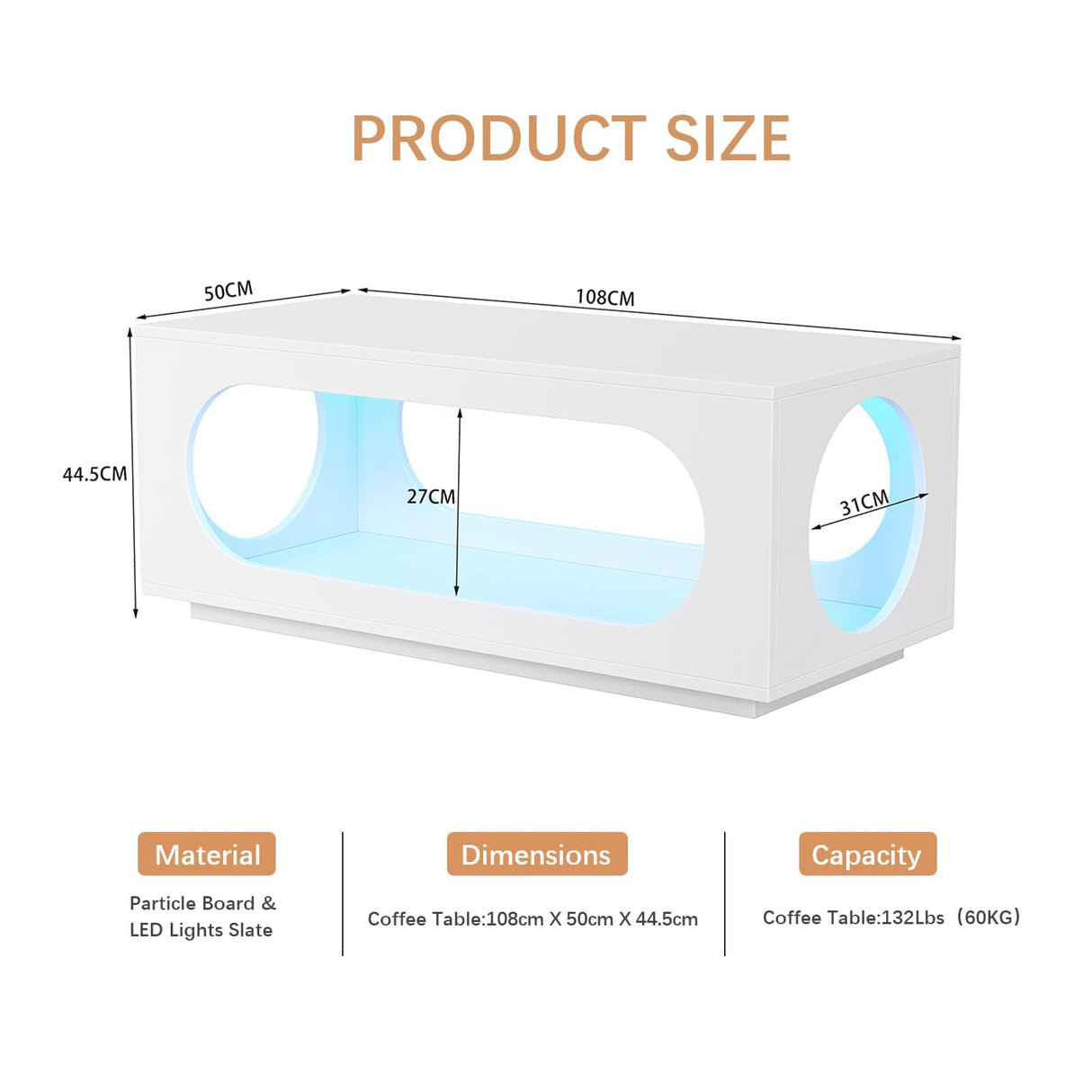 HedoAjim 43" White Led Coffee Table for Living Room, Modern Living Room Table Rectangular Contemporary Center Table with Storage, Wooden Coffee Tables with LED Lights for Dining Reception Room HedoAjim