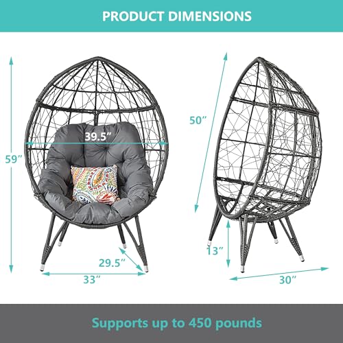 HLNPTN Patio Egg Chair Wicker Outdoor Egg Basket Chairs, Oversized Outdoor Furniture PE Rattan Patio Lounge Chair 440lb Capacity Sofa Seat with Stand & Gray Cushions for Indoor, Living Room, Backyard HLNPTN