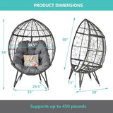 HLNPTN Patio Egg Chair Wicker Outdoor Egg Basket Chairs, Oversized Outdoor Furniture PE Rattan Patio Lounge Chair 440lb Capacity Sofa Seat with Stand & Gray Cushions for Indoor, Living Room, Backyard HLNPTN