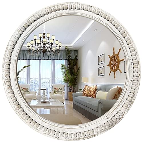 dwellington Rustic Round Wall Mirror, 24 Inch Wood Circle Mirror with Beads, Decorative Farmhouse Mirror for Living Room, Bedroom, Kitchen, Entryway (White) dwellington