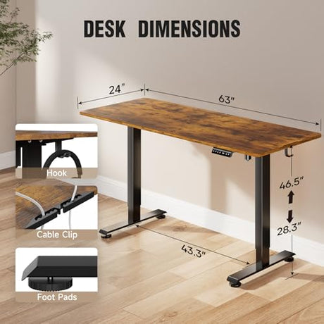 Veken 63 Inch Electric Standing Desk, Height Adjustable Sit Stand Up, Wood Desktop, Work Home Office Computer PC Table, Tall Standup Workstation, Gaming Writing Study Bedroom Rising Desks, Brown Veken