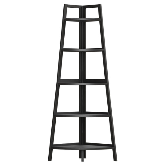 WTZ Modern 5-Tier Bamboo Corner Shelf - 70.8 Inch Tall Open Ladder Bookcase in Matte Black - WoodArtSupply