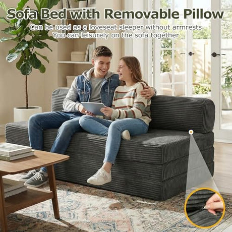 NLDD 5-in-1 Convertible Sofa Bed, Boneless Loveseat Sleeper, Tri-fold Futon Sofa Bed with Removable Cushions & Washable Cover, Pull Out Couch with Handle, for Small Spaces, Queen Size, Grey NLDD