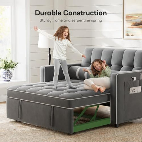 Marsail 3-in-1 Convertible Futon Sleeper Sofa Bed, Pull Out Couch with Adjustable Backrest, USB Charging & Side Pockets, Velvet Fabric Sofa for Living Room, Apartment, Loveseat, Grey Marsail