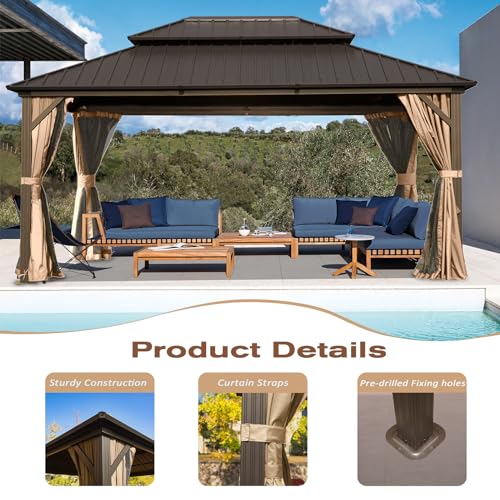 Domi Hardtop Gazebos 12x16FT, Aluminum Metal Gazebo with Galvanized Steel Double Roof Canopy, Curtain and Netting, Permanent Gazebo Pavilion for Patio, Backyard, Deck and Lawn, Brown