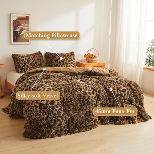 XeGe Cheetah Print Fluffy Faux Fur Duvet Cover Set, 3 Pieces Soft Plush Shaggy Fuzzy Bedding Set(1 Faux Fur Leopard Print Comforter Cover + 2 Furry Pillowcases), Zipper Closure(Queen, Brown) XeGe