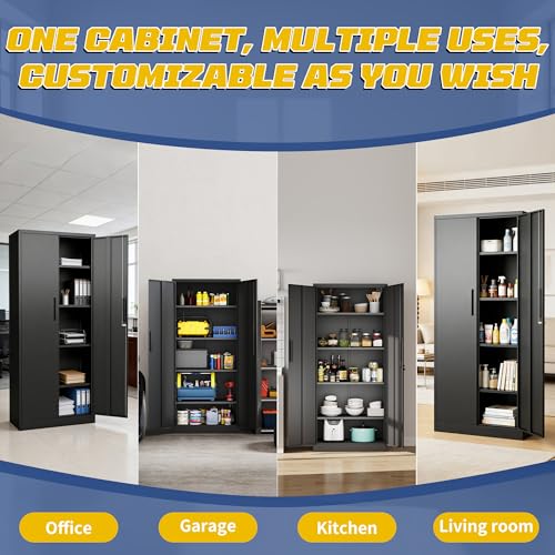 FLIXELIO Metal Storage Cabinet with Adjustable Shelves, 72" Steel Garage Storage Cabinets with Lock and 2 Door, Locking Tool Cabinet Utility Cabinets for Garage, Kitchen, Home Office, School, Shop FLIXELIO