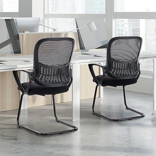 Sweetcrispy Reception Chair No Wheels, Stationary Non Rolling Mesh Mid Back Computer Guest Side with Lumbar Support for Waiting Area Reception Conference Room, Set of 4, Modern Black Sweetcrispy