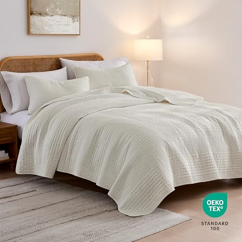 palassio Striped Beige 100% Cotton Quilt Queen Size Bedding Sets, Lightweight Crinkly Channel Pick Stitch Textured Bedspread Soft Shabby Chic Farmhouse Country Coverlet for All Season, 2 Shams palassio