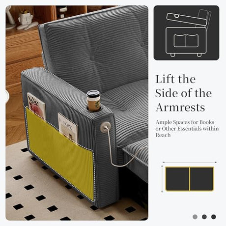 Tabaray 73.2'' Futon Sofa Bed Full, Convertible Pull Out Couch with Adjustable Backrest, Pre-Assembled Corduroy Sleeper Sofa, 2 Cup Holders & Pockets, USB, Loveseat for Living Room, Apartment, Grey Tabaray