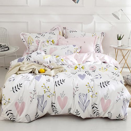 Girls Duvet Cover Queen Floral Bedding Sets White Pink Premium Cotton Colorful Pink Flower Aesthetic Bedding Cover Queen for Teens Women Reversible Comforter Cover Boho Branches Bedding Collection HighBuy