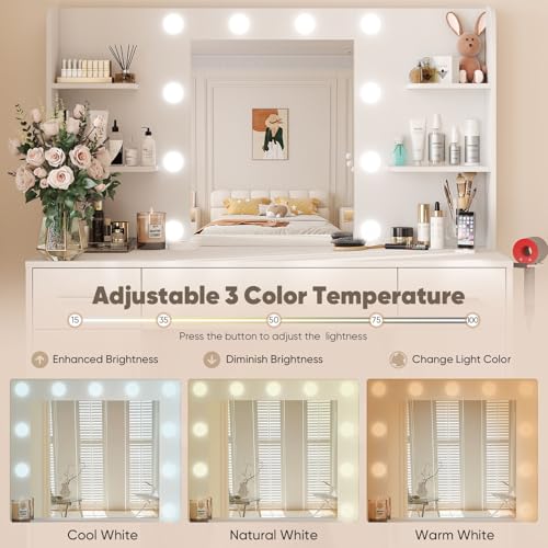 DUMOS Vanity Desk Makeup with Mirror LED Lights, White Table with Power Outlet 3 Drawer, 4 Storage Shelves & 2 Cabinets, 3 Lighting Modes & Adjustable Brightness, Dressing Tables for Bedroom DUMOS