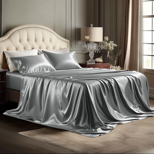 Bedsure Satin Sheets King Size - 4 Piece Silky Bedsheets with 15 Inches Deep Pocket Fitted Bedsheet,1 Flat Sheet, 2 Satin Pillowcases, Good for Hair & Skin (King, Silver Grey) Bedsure