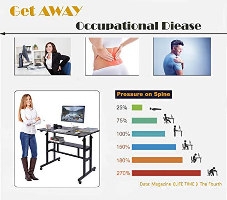 AIZ Mobile Standing Desk, Adjustable Computer Desk Rolling Laptop Cart on Wheels Home Office Computer Workstation, Portable Laptop Stand Tall Table for Standing or Sitting, Black, 39.4" x 23.6" AIZ