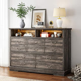 EnHomee 55.2''Wide Dresser for Bedroom Wood Dresser with LED & Power Outlet Vintage 10 Drawer Dressers & Chests of Drawers Long Dresser TV Stand, Closet,Hallway, Dark Rustic Oak EnHomee