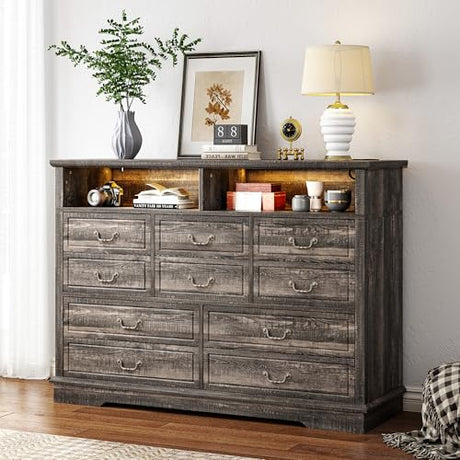 EnHomee 55.2''Wide Dresser for Bedroom Wood Dresser with LED & Power Outlet Vintage 10 Drawer Dressers & Chests of Drawers Long Dresser TV Stand, Closet,Hallway, Dark Rustic Oak EnHomee