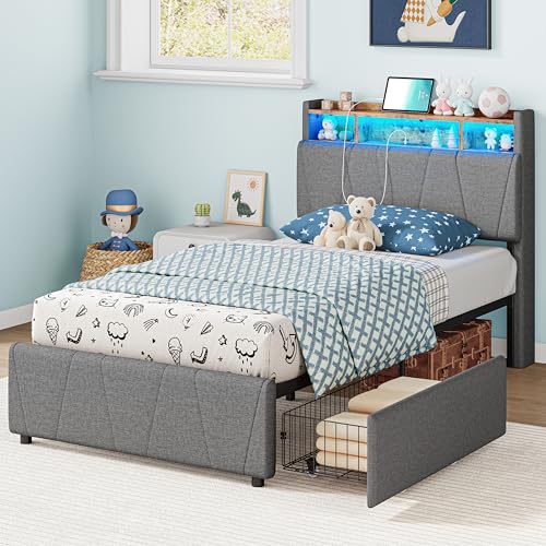 LIKIMIO Twin Bed Frame with 2 Storage Drawers, Charging Station & LED Lights, Upholstered Platform Twin Bed with Storage Headboard, Strong Wooden Slats, No Box Spring Needed, Easy Assembly, Grey LIKIMIO