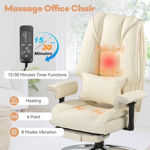 Mvpipi Massage & Heated Office Chair with Foot Rest, Ergonomic Executive Office Chair with Reclining Backrest, Adjustable Arms and Lumbar Support, High Back Leather Desk Chairs for Home Office, Beige Mvpipi