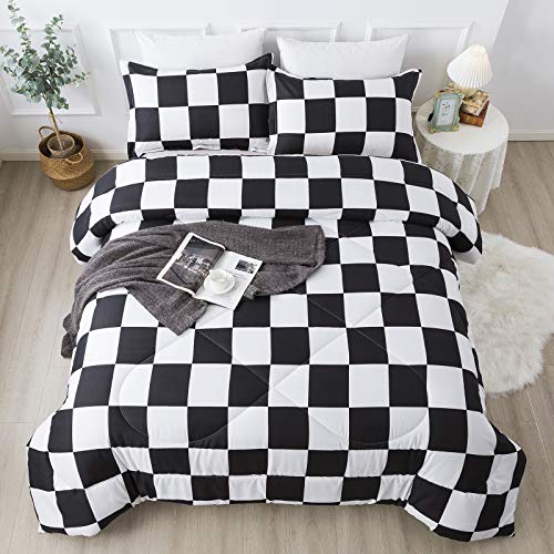 Andency Checkered Comforter Twin(66x90Inch), Black White Plaid Gingham Bed Set for Teen Boys Kids, Lightweight Microfiber Geometric Preppy Bedding, 2 Pieces Andency