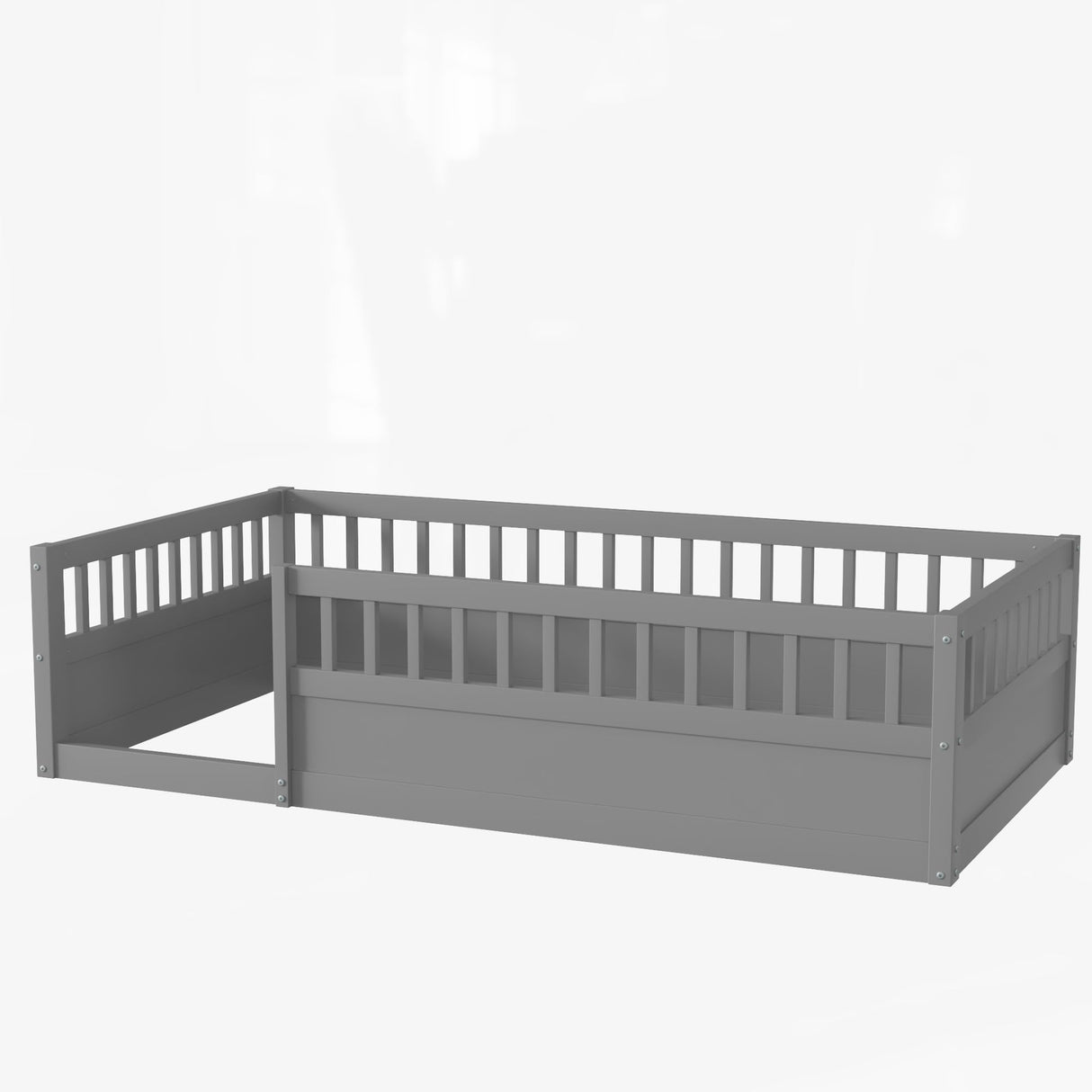 Floor Bed for Kids, Twin Size Montessori Bed with High Fence Railings, Wood Playhouse Bed with Rails for Baby Boys Girls Teens, No Slats Included, Gray Mirightone