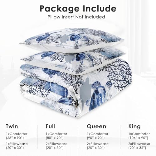 WeCozy Twin Size Comforter Set with Pillowcase, Animal Blue Turtle Sea Coral Soft 2 Pcs Bedding for Kids and Adults Bedroom Bed Decor WeCozy