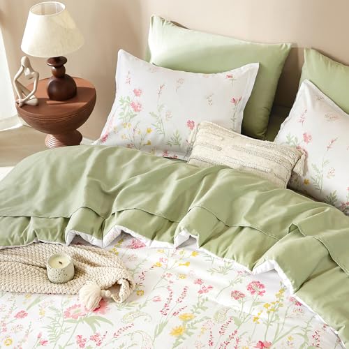 Yiran 7 Piece Floral Full Size Comforter Set, Pink Green Cute Comforters Bedding Set for Women Girls,Botanical Bed in a Bag Soft Lightweight Coquette Bedding Set with Sheets All Season