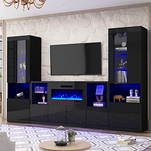 AMERLIFE Modern High Gloss 68" Fireplace TV Stand, Media Entertainment Center with Fireplace & LED Lights for TVs up to 78", TV Console Cabinet with Adjustable Glass Shelves for Living Room, Black AMERLIFE