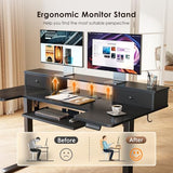 OffiGo U Shaped Electric Standing Desk with Drawers, 55 Inch Height Adjustable Desk with Keyboard Tray ＆ Ergonomic Monitor Stand, Sit Stand Table with Power Outlets for Home, Office, Black OffiGo