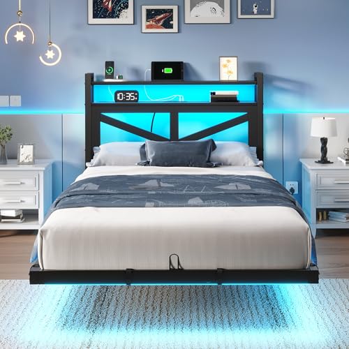 DWVO Twin Size Floating Bed Frame with RGB LED Lights and Charging Station, Upholstered Platform Bed Frame with 2-Tier Storage Shelf Headboard, Solid Metal Slats, Noiseless, Easy Assembly, Black DWVO